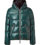 A sleek patina and vibrant contrast piping lend this Duvetica down jacket its sporty and stylish edge - In a lighter weight, wind- and water-resistant green polyamide with grey trim - Straight cut fits close to the body for extra warmth - Full zip, hood and oversize diagonal zippered pockets at front - Perfect for cold weather casual looks - Pair with jeans, chinos, cords and athletic pants