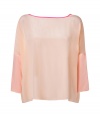 Modern and contemporary with chic tonal pastel coloring, NY born and raised designer Jonathan Simkhais silk dolman sleeve top is a fun choice for dressing up day and evening looks alike - Wide neckline with pink trim, 3/4 length dolman sleeves with pink turn-up cuffs - Loose, boxy fit - Wear with favorite skinnies and flats