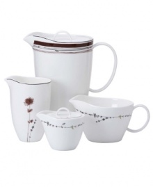 Pour it on in style! This compact, stackable set puts your entertaining essentials into one easy-to-store pile. Includes one covered sugar bowl, one gravy boat, one small pitcher and one large pitcher with a lid. Coordinates with the beautiful Flourish dinnerware from Lenox Simply Fine.