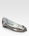 Sleek metallic snakeskin essential with a peep toe and buffed leather sole. Metallic snakeskin upperLeather liningBuffed leather solePadded insoleMade in ItalyOUR FIT MODEL RECOMMENDS ordering one half size up as this style runs small. 