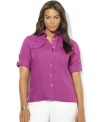 Stylish roll-tab sleeves lend casual ease to Lauren Ralph Lauren's plus size comfortable button-down in lightweight linen.