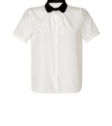 With sweet allover dot patterning and a rounded black collar, Band of Outsiders two-tone shirt is a cool way to wear this everyday staple style - Black rounded collar with gather detail underneath, short puff sleeves, buttoned cuffs, button-down front, shirttail hemline - Loosely tailored fit - Wear with a printed skirt and retro-style accessories