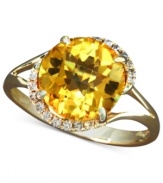 Add a punch-bright pop of color. Effy Collection's stunning swirl ring features a round-cut citrine (3-1/8 ct. t.w.) surrounded by round-cut diamonds (1/8 ct. t.w.). Crafted in 14k gold.