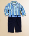 An adorably preppy set includes a multi-striped poplin roll-tab shirt