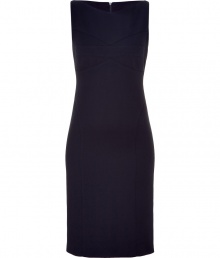 Luxe dress in fine, navy cotton stretch blend - Sheath style hits just above the knee and creates a flattering, curve-hugging silhouette - Fitted bodice with round neckline - The sexy, standout details: back zip extends from nape of neck to hem, bandeau-like seam embellishment at chest - Perfect for parties, dressy luncheons and evenings out - Pair with strappy sandals or classic pumps and a clutch