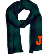 Quietly elegant and effortlessly cool, Jil Sanders navy and green wool scarf ups the ante on preppy chic - Supremely soft, lighter weight knit in a rich, classically cool plaid - Decorative varsity letter J at hem and delicate fringe trim - Moderately long and wide and ultra-versatile - Pair with everything from cashmere pullovers and skinny denim to pencil skirts and long cardigans