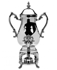 Ornate detail, double handles and a traditional footed stand in resplendent silver plate lend this Godinger coffee urn to your most elegant dining occasions.