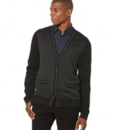 Smart and exquisite tonal cardigan by Perry Ellis is handsomely conservative and perfect over a button front or solid t-shirt.