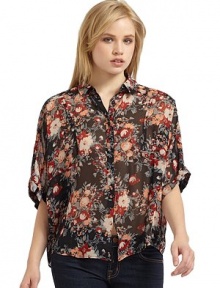 THE LOOKSheer floral designShirt collar Front button down closureThree-quarter length sleeves Back pleated detailTHE FITAbout 25 from shoulder to hemTHE MATERIALSilkCARE & ORIGINDry cleanImportedModel shown is 5'10 (177cm) wearing US size Small. 