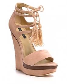 Rachel Zoe's towering wedges are chic in soft suede with a touch of contrast. A flirtatious pair of tassels is the finishing touch.