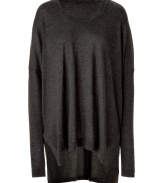 Sumptuously soft and effortlessly elegant, Donna Karans pure charcoal cashmere knit top epitomizes understated luxury - On trend, boxy cut with chic drape detail and pointed hem - Long, fitted sleeves and flattering round neck - Vents at sides, hem hangs longer in the back - A versatile compliment to any wardrobe perfect for pairing with leather leggings, skinny denim and pencil skirts