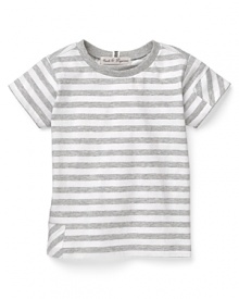 Bold stripes and contrasting patch details add boyish charm to a Pearls & Popcorn tee.