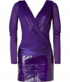 Luxurious dress in fine viscose (top) and eelskin (skirt) - In fashion color purple - Stunning cut, with sexy wrap top and mini short skirt - Long sleeves, elegant accentuated waist - An awesome dress and a real eye-catcher at any party - Pair with platform pumps, sandals, booties