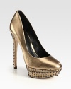 Exude big-city style wearing this metallic leather peep toe pump with edgy metal studs and an arresting heel. Self-covered heel with metal studs, 5¾ (145mm)Covered platform with metal studs, 1½ (40mm)Compares to a 4¼ heel (110mm)Metallic leather upper with metal studsPeep toeLeather lining and solePadded insoleImported