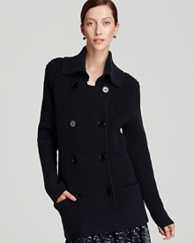 Lend luxe appeal to your layers with this DKNY sweater coat, boasting a double-breasted silhouette for a regal finish.