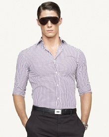 An elegant striped shirt is expertly tailored for a trim, modern fit and handsomely rendered in smooth poplin with a hint of stretch for sleek, stylish comfort.