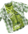 All by himself! Encourage his independence with this tee shirt and plaid button-down shirt set from Greendog that makes picking out what to wear for the day a cinch.