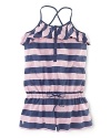 An airy cotton jersey romper is crafted in a bold, striped print and finished with a sweet ruffled neckline.