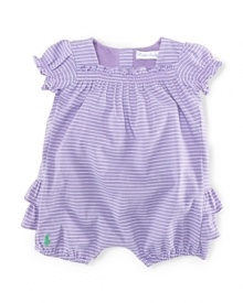 A comfortable striped cotton bubble is fashioned with a flurry of ruffles and signature pony embroidery.