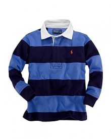 A signature rugby design is rendered in bold contrast stripes for a classic preppy look.