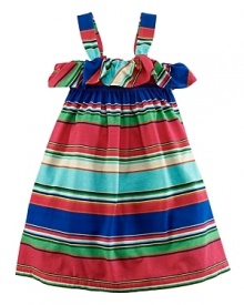 This adorable striped cotton jersey tank dress features a pretty ruffled neckline and a smocked empire waist.