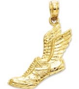 Cross the finish line in style. This sporty running shoe and wings charm is perfect for the aspiring Carl Lewis. Crafted in textured 14k gold. Chain not included. Approximate length: 1 inch. Approximate width: 3/5 inch.