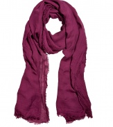 Richly-hued accessories like Faliero Sartis deep orchid scarf add instant style and easy polish to any outfit - Sumptuously soft in a fine, modal and cashmere blend - Moderately long and wide, with delicate eyelash fringe trim - Versatile and perennially chic, perfect for pairing with everything from jeans and a t-shirt to a knit dress and leather jacket