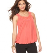 A beaded crochet inset adds shine to this Alfani tank top for pretty spring style!