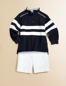 A cozy pullover gets a modern makeover with lots of stripes and a zip-up stand collar.Stand collarLong sleevesZip frontUneven side vented hemCottonMachine washImported