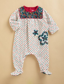 Crafted in plush velvet, this striking one-piece is adorned with vivid polka dots and embroidery for a stylish baby.CrewneckLong sleevesBack snapsBottom snaps75% cotton/25% polyesterMachine wash or dry cleanMade in France of imported fabric Please note: Number of snaps may vary depending on size ordered. 