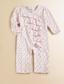 A cozy cotton one-piece is embellished with a flurry of ruffles and colorful polka dots.V-neckLong sleevesFront in-seam snapsCottonMachine washImported Please note: Number of snaps may vary depending on size ordered. 