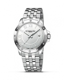 Raymond Weil's stainless steel watch has a round white dial, a bracelet strap and foldover clasp. With sapphire crystal and second hand.