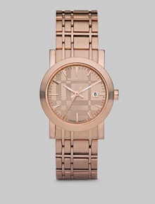 Familiar Burberry checks are subtly designed into the dial and bracelet of this handsome watch with a warm rose gold finish.Quartz movement Water-resistant to 5ATM Smooth rose gold-plated bezel Round IP (ionic plating) rose gold case; 29 mm diameter (1.1) Rose gold color dial with textured check pattern Bar hour markers Date display at 3:00 Second hand Rose gold finished link bracelet in check pattern; 16mm wide (.63) Made in Switzerland