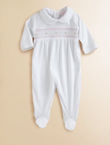 This angelic one-piece is crafted in plush pima cotton and embellished with eye-catching smocking and scalloping for sweet baby style.Peter Pan collarLong sleevesBack snapsBottom snapsPima cottonMachine washImported Please note: Number of snaps may vary depending on size ordered. 