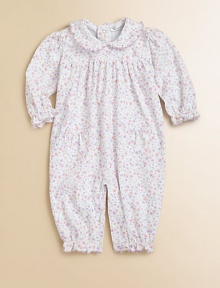 Crafted in ultra-soft, plush pima cotton with charming ruffle trim and a fall flourish print, this precious one-piece is a must-have for baby.Ruffled crewneckLong sleeves with ruffled cuffsGathered yokeBack snapsPatch pocketsBottom snapsPima cottonMachine washImported Please note: Number of snaps may vary depending on size ordered. 