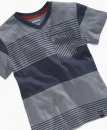 He'll make a bold casual-style statement whenever he's sporting this striped t-shirt from DKNY.