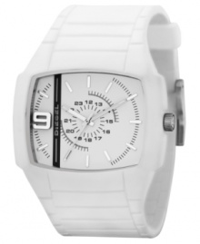 Add some style to your stride with this chic, precision-detailed watch from Diesel. White silicone strap and stainless steel rectangular case. Rectangular white dial with logo and printed indexes. Analog movement. Water resistant to 50 meters. Two-year limited warranty.