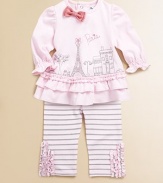 Oh la la! This Parisian-themed set has tiers of ruffles, stripes and a contrasting bow to add an extra special touch to this plush cotton set. Top CrewneckLong sleeves with elastic cuffsBack buttonsRuffled hem Pants Elastic waistbandCottonMachine washImported