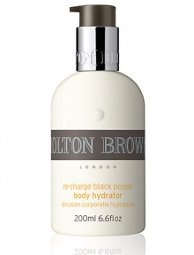 Turn your skin back on. Our instantly absorbed body hydrator re-charges your skin with moisture and condition. Great after showering or exposure to the sun, the spicy fusion of Madagascan black peppercorn oil leaves your skin feeling comfortable and protected, with an understated warm aroma. 6.6 oz. 