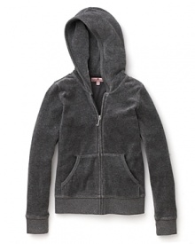 This plush velour Juicy Couture hoodie in cool grey features a Choose Juicy metallic logo bursting at back and a cozy kangaroo pocket.