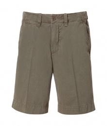 Stylish shorts in fine, pure olive cotton - Soft yet durable fabric has a rugged, well-worn look - Longer Bermuda cut with belt loops, zip fly and button closure - Slash pockets at sides, flap pockets at rear - Crease detail elongates the silhouette - Relaxed and casually cool, great for everyday leisure - Pair with button downs, t-shirts and polos