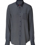 Detailed with a single red button at the throat, Josephs mixed dot silk shirt is a playfully chic way to dress up workweek looks - Contrast dotted collar, long sleeves, buttoned cuffs, button-down front, chest pocket, shirttail hemline - Loose fit - Wear with slim tailored trousers, or tucked into a pencil skirt