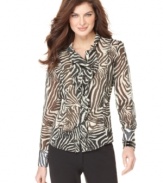 Walk on the wild side in this Jones New York blouse, featuring a chic animal print on semi-sheer fabric. Pair it with a cami and slim pants for desk-to-dinner style!