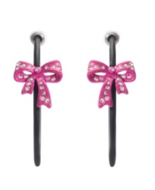 Classic hoops with a flirtatious twist. Betsey Johnson's feminine earrings feature pink enamel bows with sparkling glass stone accents. Set in mixed metal. Approximate diameter: 1-1/2 inches.