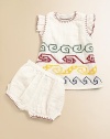 Bands of colorful embroidery decorate this charming set, finished with a whip stitch detail.CrewneckShort sleevesPullover styleMatching bloomer with elastic waist and leg openings CottonMachine washImported