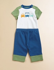 Get your little one moving in this handsome three-piece set with automobile printed bodysuit, matching pants and hat.Crewneck with shoulder snapsShort sleevesBottom snapsElastic waistbandElastic waistbandCottonMachine washImported Please note: Number of snaps may vary depending on size ordered. 