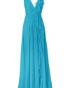 With a cascading drape and a dramatic floor-sweeping length, this Jenny Packham gown will add instant glamour to your black tie look - V-neck with asymmetrical ruffles, sleeveless, fitted bodice with front and back draped detail, full skirt, concealed back zip closure - Style with metallic platform sandals and a statement clutch