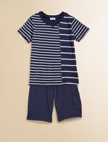 A soft v-neck with a plethora of contrasting stripes meets a pair of cool shorts with side pocket.V-neckShort sleevesPullover styleElastic waistSide pocket39% supima cotton/39% micro modal/22% polyesterMachine washMade in USA