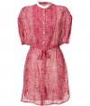 Bring spring-ready romance to your day look with this lovely printed dress from Edun - Contrasting stand collar, front button half placket, front pin tuck detailing, short dolman sleeves, drawstring waist - Pair with platform sandals, a cashmere cardigan, and an oversized satchel