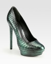 Iridescent metallic snakeskin transforms this towering design into a sexy after-hours pump. Self-covered heel, 5¾ (145mm)Covered platform, 1½ (40mm)Compares to a 4¼ heel (110mm)Metallic snakeskin upperLeather lining and solePadded insoleImported